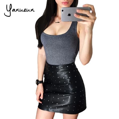 Yanueun Korean Fashion 2017 Women Faux Leather Vintage Black Mini Skirt