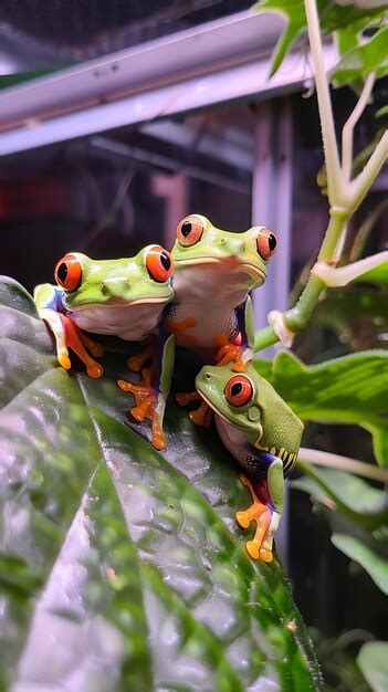 Trio Of Redeyed Tree Frogs In A Tropical Habitat Premium Ai Generated