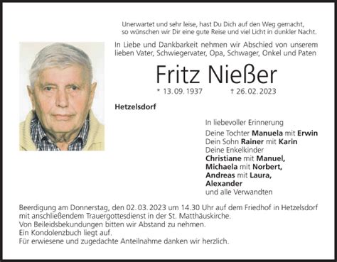 Fritz Nießer Traueranzeige trauer inFranken de