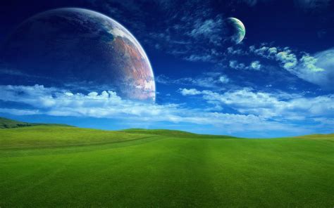 Online Crop Green Grass Field With Two Planets In The Sky Graphics HD