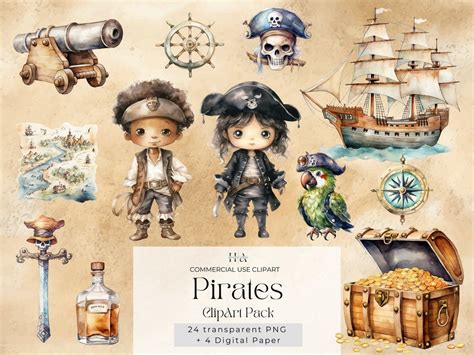 Watercolor Pirates Clipart Bundle Pngs Transparent Etsy