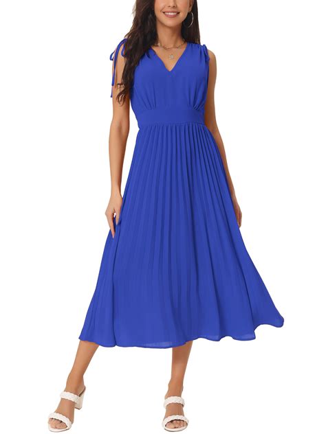 Seta T Womens Casual Sleeveless High Waist V Neck Flowy Ruffle Pleated Midi Dress