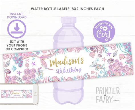 Mermaid Water Bottle Labels Editable Under The Sea Birthday Etsy