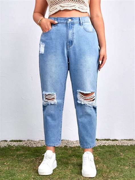 Shein Ezwear Plus Ripped Mom Fit Jeans Shein Usa