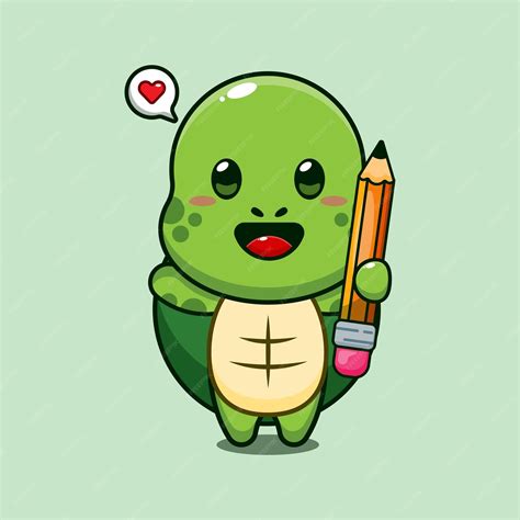 Premium Vector Cute Turtle Holding Pencil Cartoon Vector Illustration