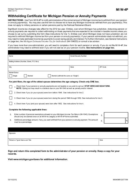 Fillable Online Michigan Form MI W 4P Withholding Certificate