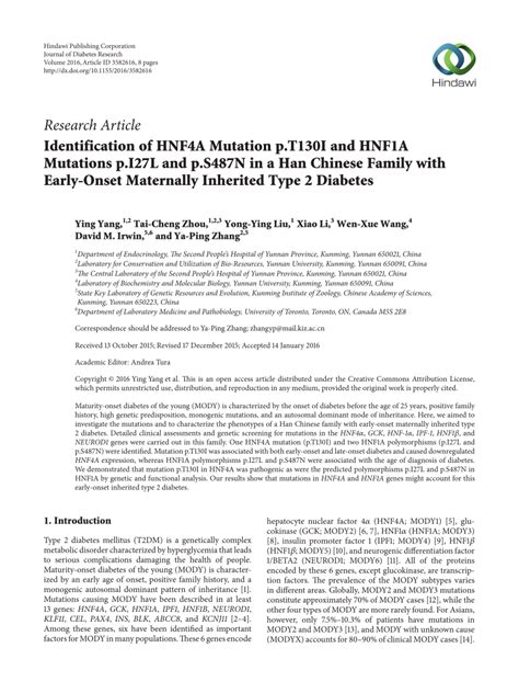 Pdf Identification Of Hnf A Mutation P T I And Hnf A Mutations P