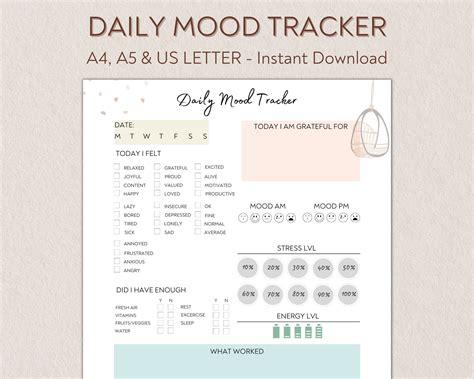 Daily Mood Tracker Printable Mood Track Emotion Tracker Mood Journal Mental Health Tracker