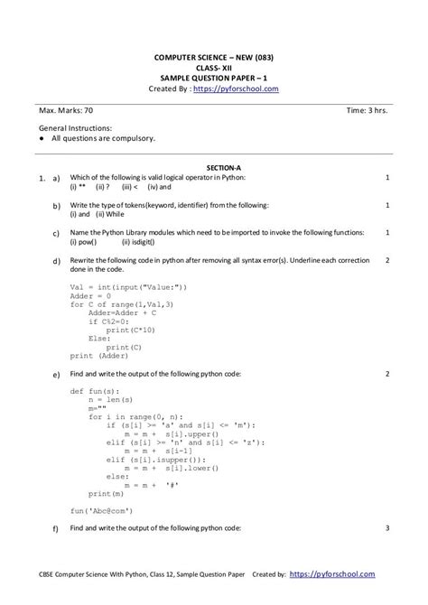 Cbse Computer Science With Python Class 12 Sample Question Paper