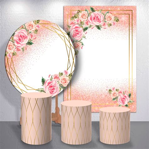 Painel De Aniversario Feminino - Painel de Festa Feminino Rose Dourado Flores Capas Cilindro ou Capas ...