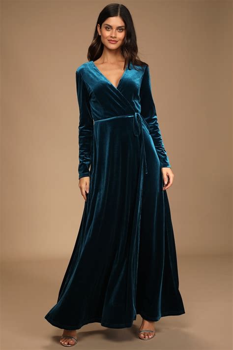 Lovely Teal Blue Dress Long Sleeve Dress Velvet Wrap Maxi Lulus