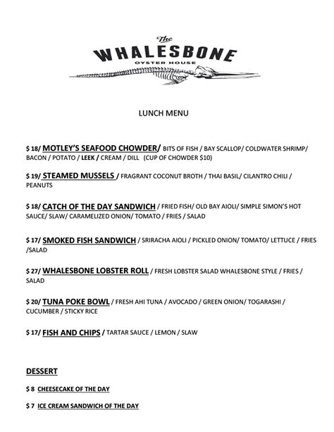 Bank Street Menu - The Whalesbone