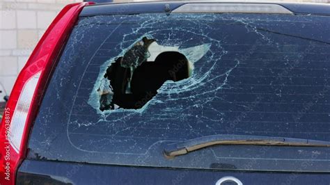 Vid O Stock Broken Glass In Back Door Of Car Rear Window Of Auto