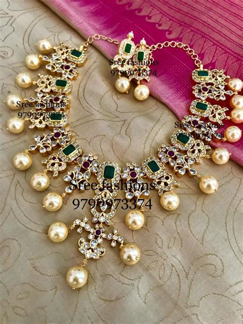 Gold Plated Emerald Pearl Necklace Set South India Jewels