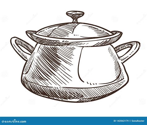 Cooking Pan With Handles And Cap Monochrome Sketch Outline Stock Vector