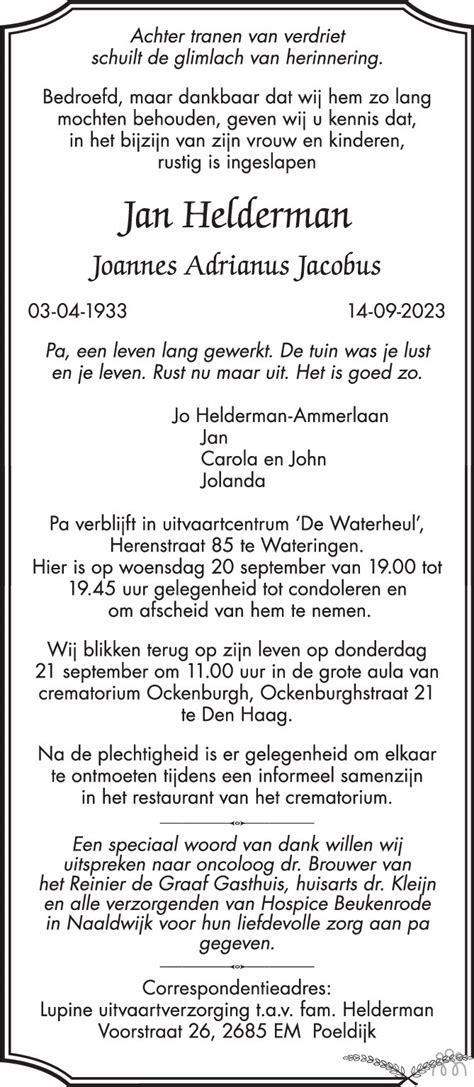 Jan Joannes Adrianus Jacobus Helderman 14 09 2023 Overlijdensbericht