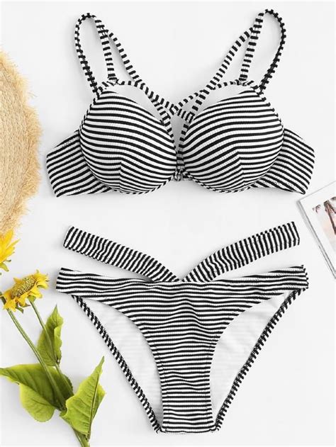 SHEIN Crisscross Detail Striped Rib Knit Bikini Set Bikinis Knitted