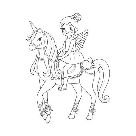 Coloriage fée et licorne mignon Vecteur Premium