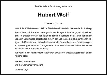 Traueranzeigen Von Hubert Wolf Schwarzw Lder Bote Trauer