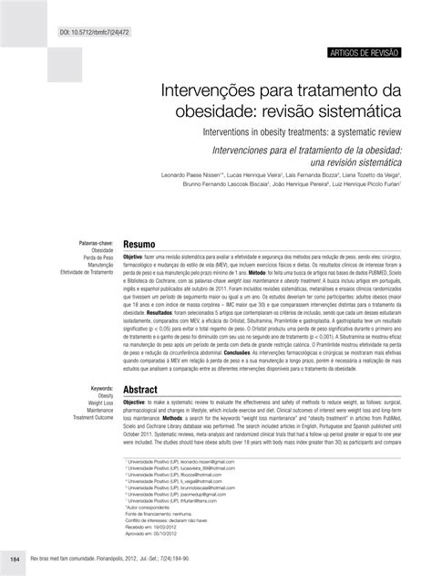 Pdf Intervenções Para Tratamento Da Obesidade Revisão Sistemática