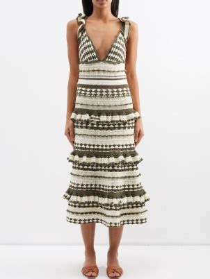 ZIMMERMANN Green Devi Striped Cotton Crochet Midi Dress Khaki And