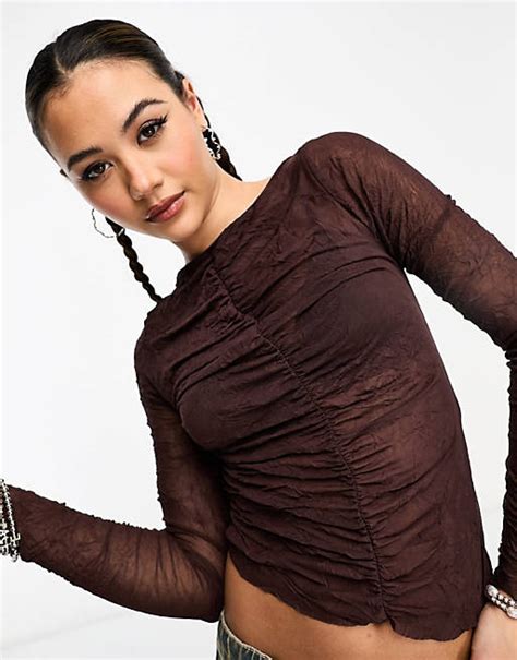 Collusion Long Sleeve Ruched Crinkle Mesh Top In Brown Asos