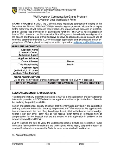 Fillable Online Interim Wolf Livestock Loss Compensation Grant