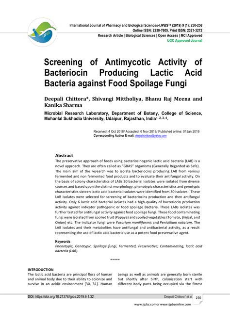 Pdf Screening Of Antimycotic Activity Of Bacteriocin Producing Lactic Acid Bacteria Against