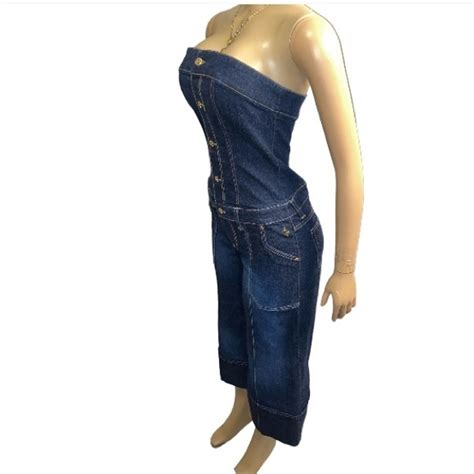 Y K Baby Phat Strapless Denim Jumpsuit Cuffed Wide Le Gem