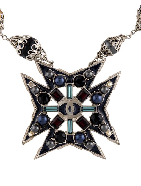 Chanel Faux Pearl Strass Resin Enamel Maltese Cross Pendant