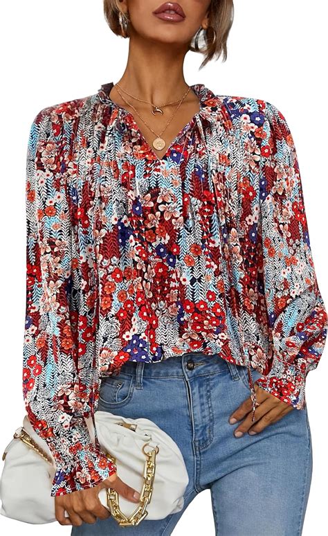 HOTOUCH Womens Long Sleeve Tops Boho Floral Printed Blouses Casual V