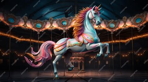 Premium Ai Image Brightly Colored Horse In A Carousel At Night Time