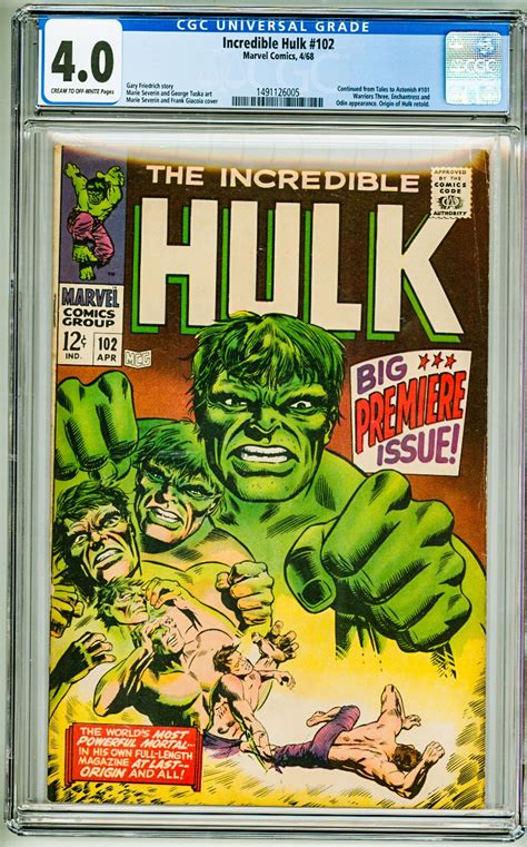 The Incredible Hulk 102 1968 CGC 4 0 Cream To OW Pages Comic