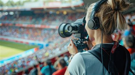 Live From Stadium Female Sports Journalist Reports With Fans Around Highlighting Diversity On