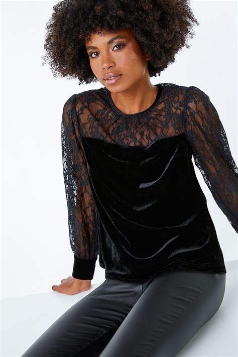 Velvet Lace Sleeve Top In Black Roman Originals Uk