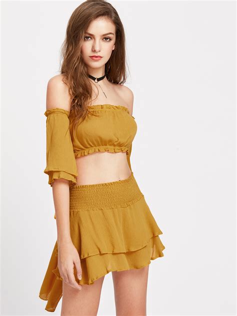 Bardot Tie Back Frill Trim Crop Top With Layered Skirt Shein Sheinside