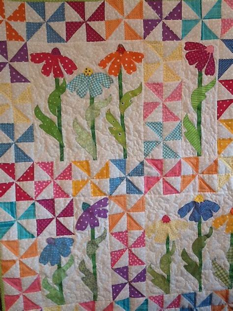 Handmade Baby Girl Quilt Pinwheels Appliqued Flowers Bright Pink Yellow