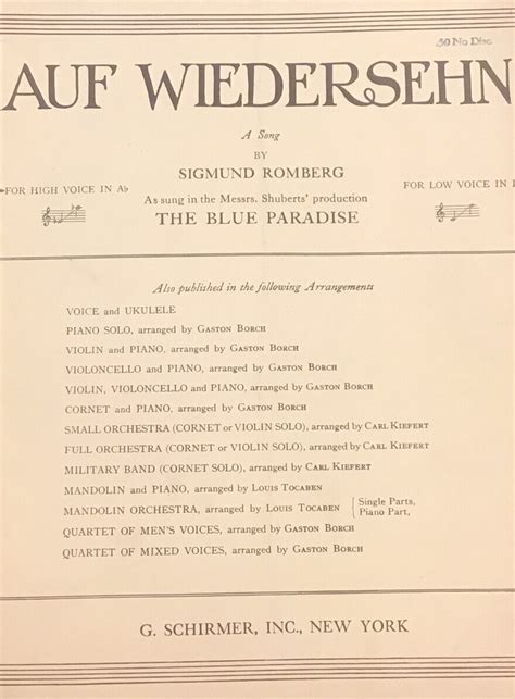 1915 Sigmund Romberg Sheet Music Auf Wiedersehn Published G