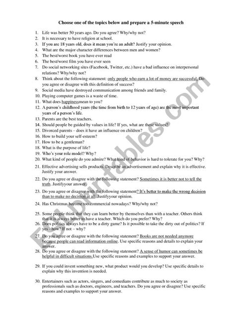 A Short Speech Topics Esl Worksheet By Annad3