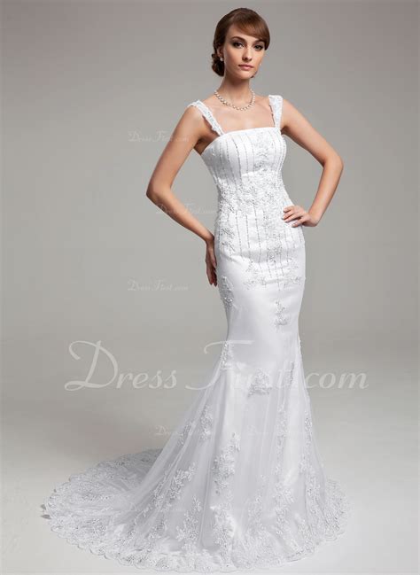 Trumpet Mermaid Court Train Tulle Wedding Dress With Lace Beading