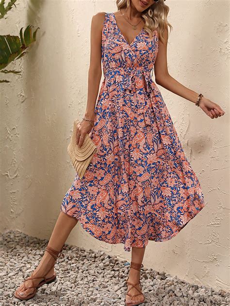 Shein Vcay Paisley Print Belted Dress Shein Uk