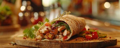 Grilled Chicken Wrap With Fresh Vegetables And Dressing On Wooden Board