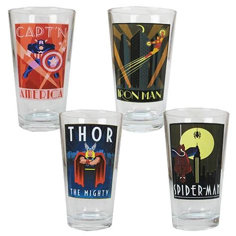 Marvel Retro Art Deco Poster Pint Glass 4 Pack Surreal Entertainment Marvel Barware At