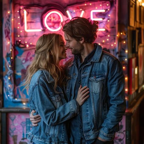 Passionate Couple Embracing With Neon Love Sign In Background Premium