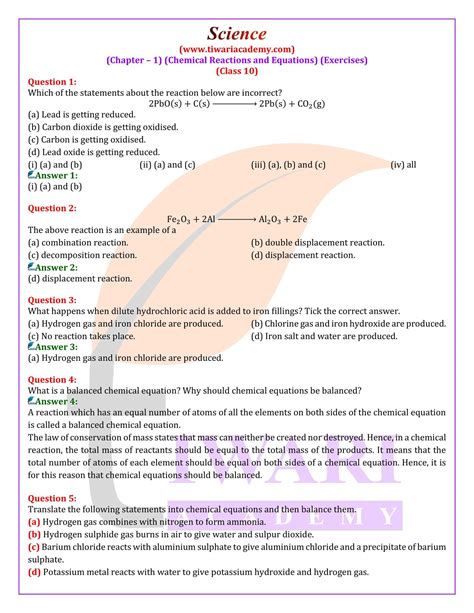 Ncert Solutions For Class 10 Science Chapter 1 Chemical Reactions And Equations