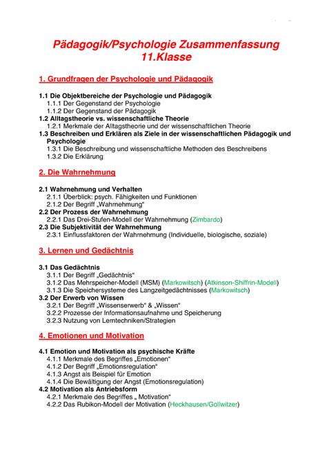 Psychologie Zusammenfassung Semester Teil P Dagogik Psychologie