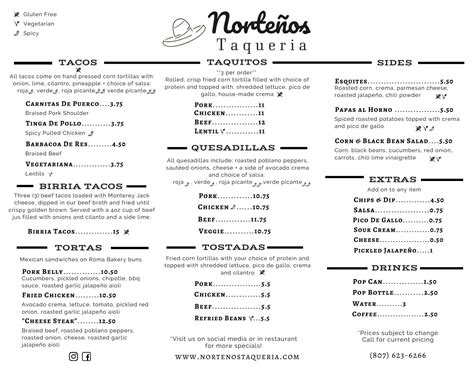 Menu At Norteños Taqueria Desserts Thunder Bay