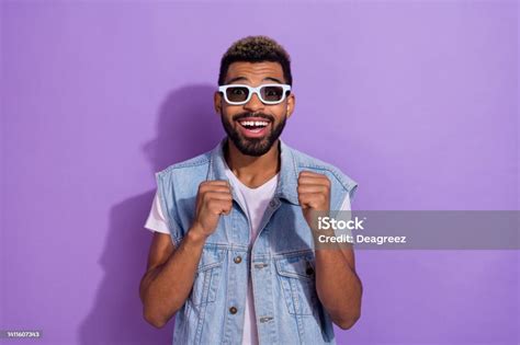 Photo Of Confident Excited Man Wear Jeans Waistcoat Dark Glasses Empty Space Isolated Violet