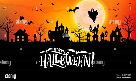 Halloween Town Silhouette Vector Banner With Moonlit Creepy Cityscape