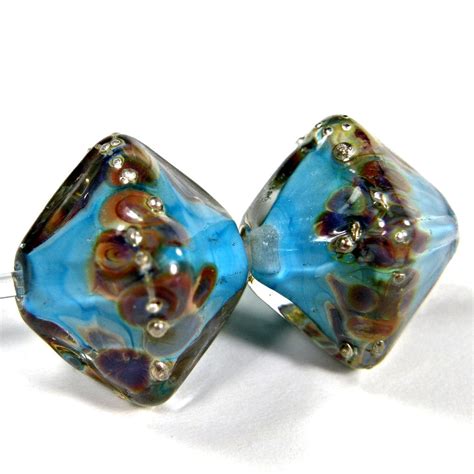 Handmade Lampwork Glass Diamond Beads Dk Sky Blue Raku Silver Encased Covergirlbeads